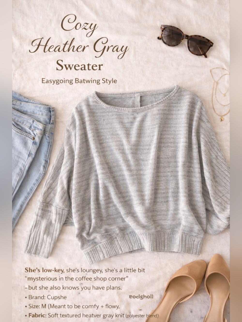 NWT Cupshe Heather Grey Batwing Comfy Sweater